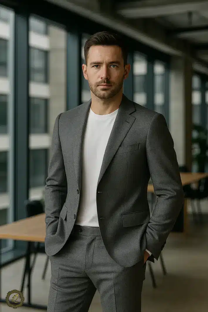 مردی با کت ایتالیایی طوسی و تیشرت سفید در محیط کاری مدرن