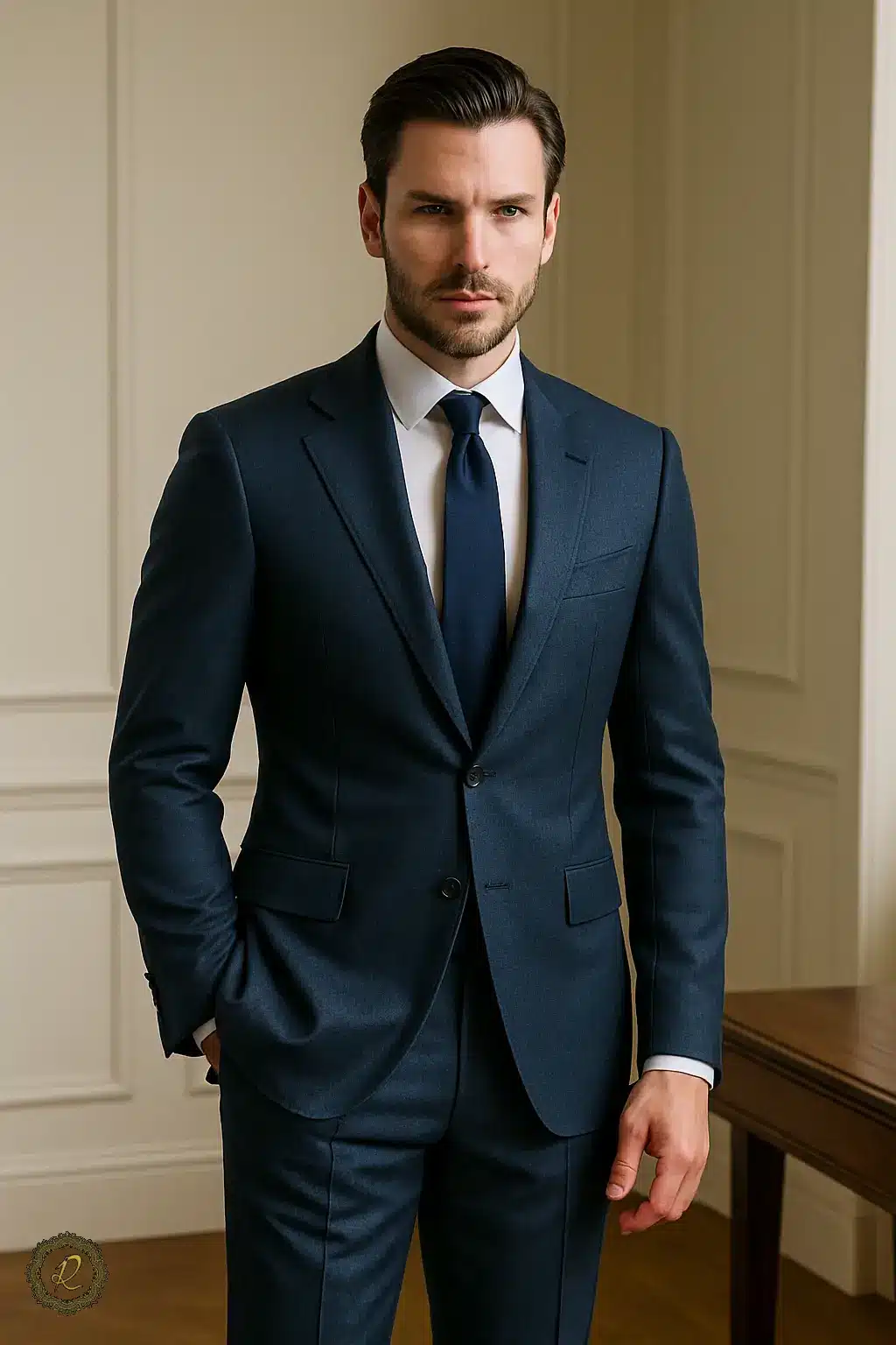 کت‌وشلوار آبی شخصی‌دوزی با دوخت دقیق – تاثیر فیت عالی در استایل مردانه
