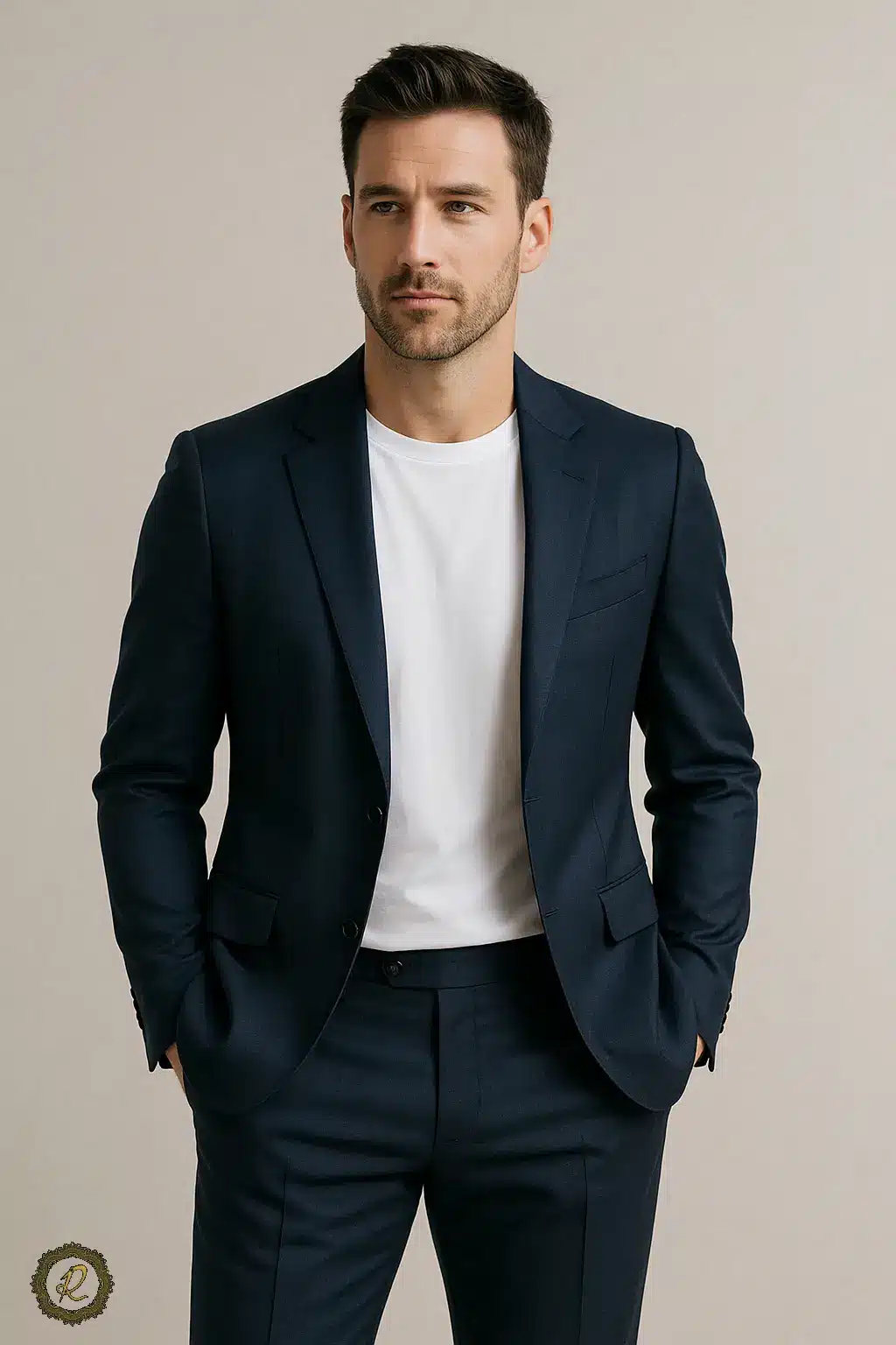 مردی با کت‌وشلوار سرمه‌ای و تیشرت کار سفید – استایل مینیمال نیمه‌رسمی
