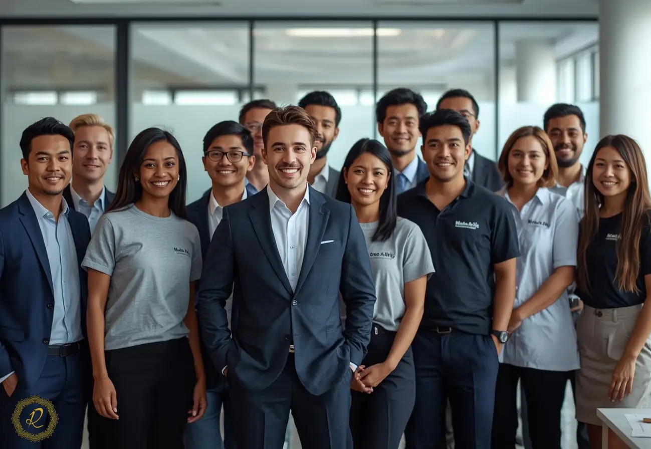 کارمندانی با کت‌وشلوار کار و تیشرت کار هماهنگ در محیط شرکت