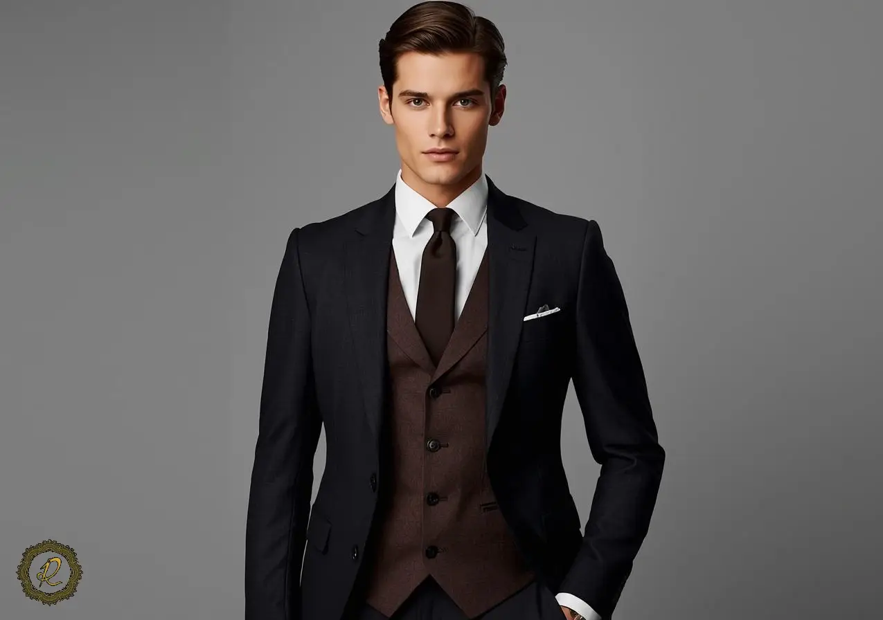 یک کت شلوار مشکی و قهوه‌ای روی مدل مردانه با جزئیات دوخت واضح