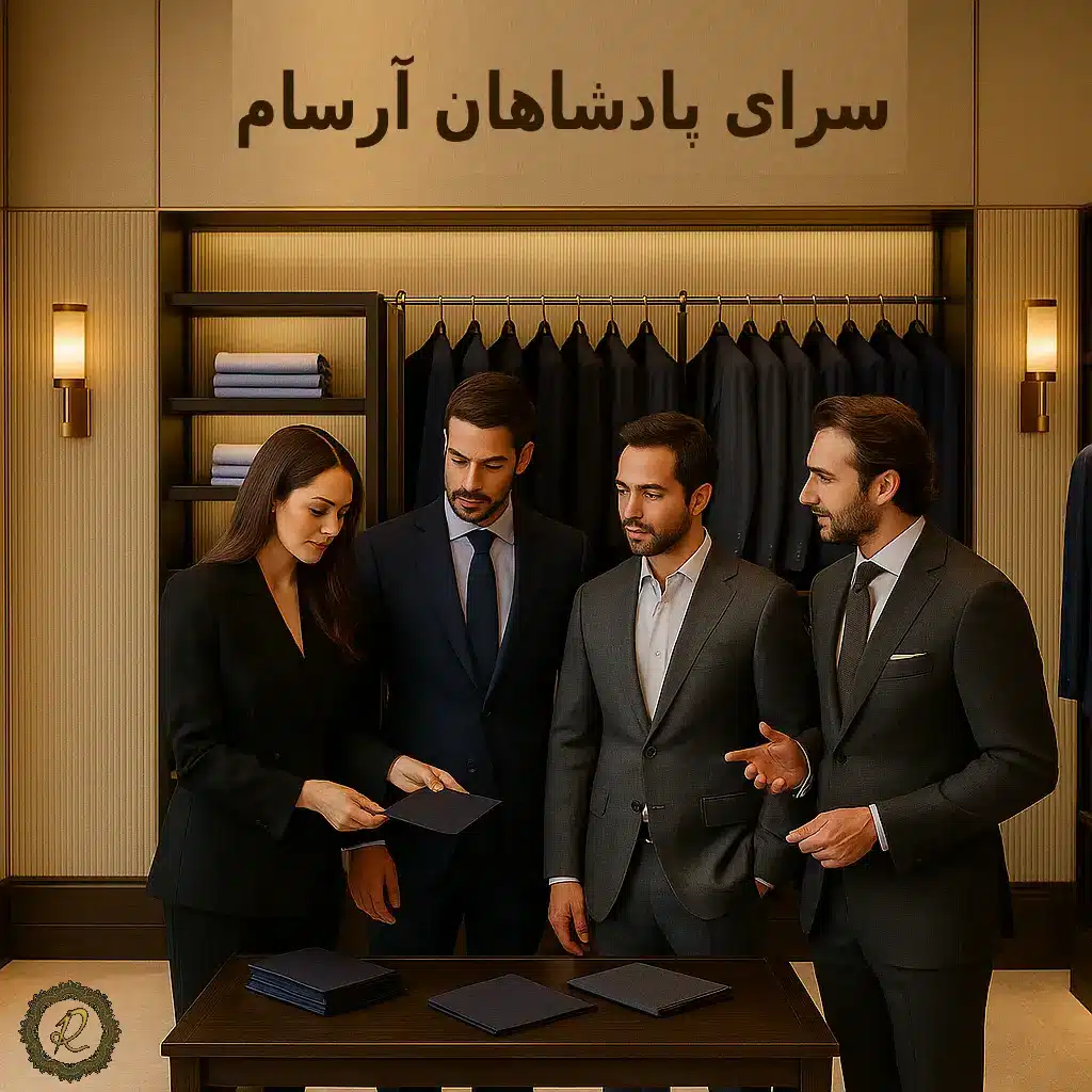  فروشگاه لوکس سرای پادشاهان آرسام با طراحان خوش‌پوش در حال مشاوره با مشتریان