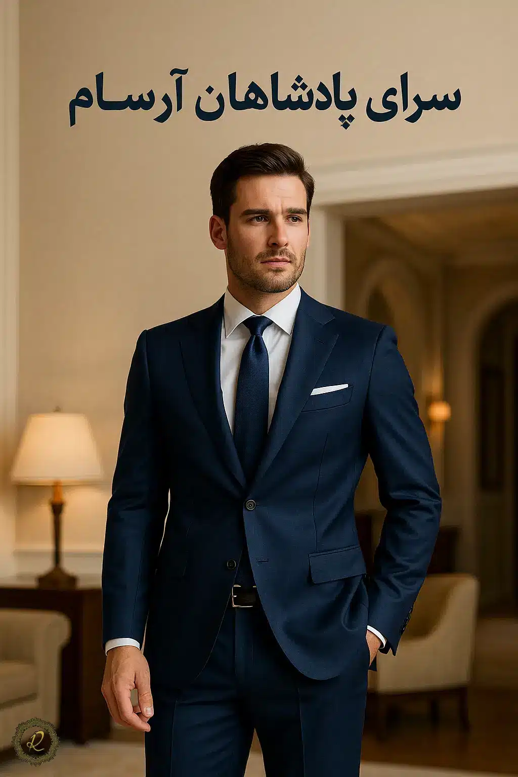 مرد جذاب با کت‌وشلوار آبی سرمه‌ای در محیط رسمی – استایل حرفه‌ای مردانه