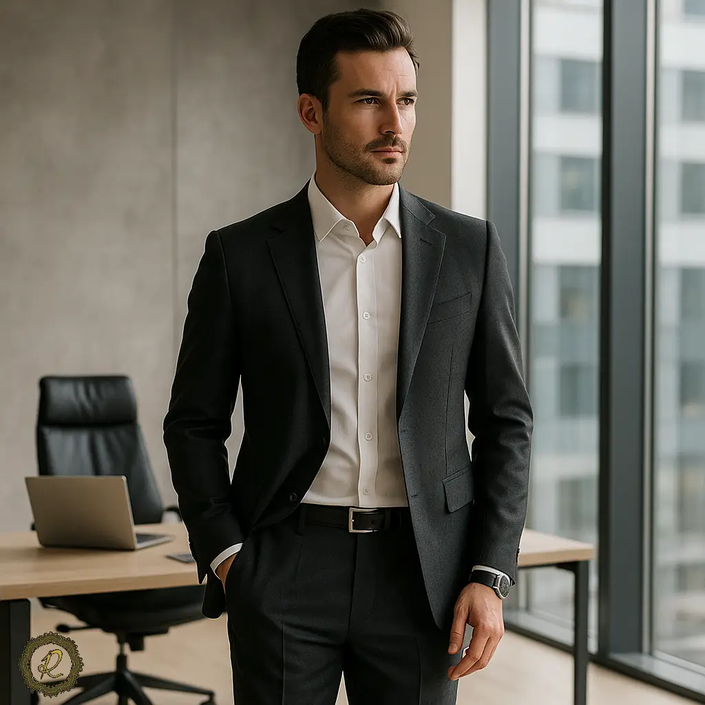 مردی با کت‌وشلوار مینیمال در دفتر کاری مدرن – تاثیر مینیمالیسم در استایل رسمی
