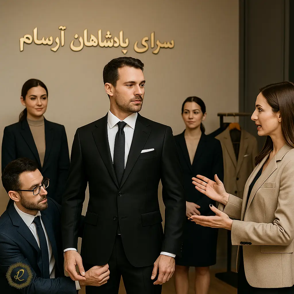 چرا «فیت بدن» مهمتر از قیمت در انتخاب کتوشلوار است؟ 5 خیاطان و مشاوران مد در سرای پادشاهان آرسام در حال ارائه مشاوره انتخاب کتوشلوار