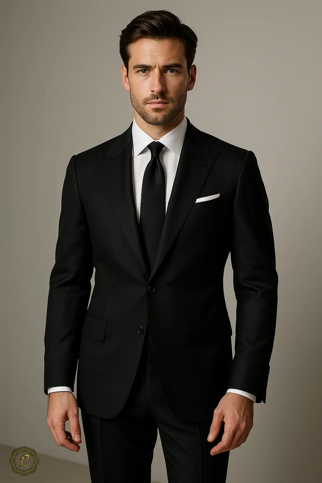 مردی با کت‌وشلوار مشکی لوکس دوخته‌شده با پارچه ایتالیایی