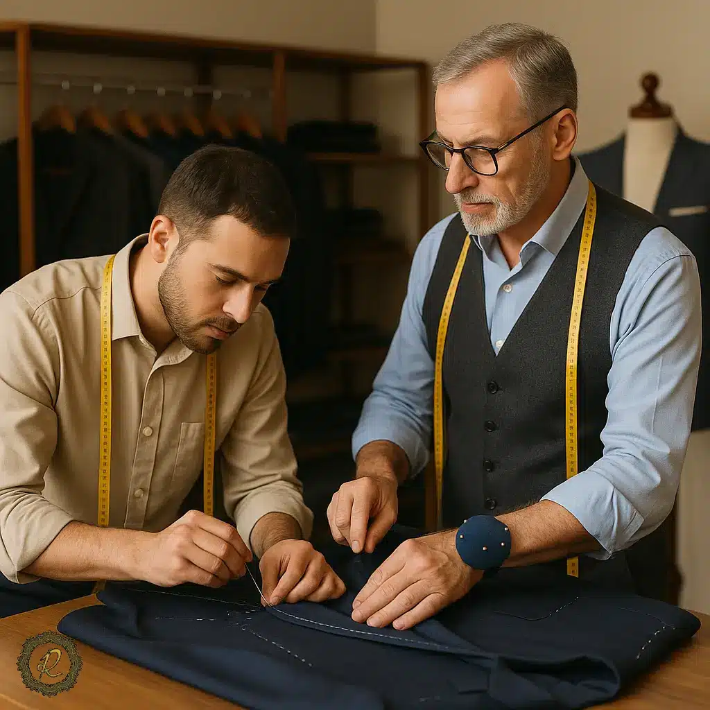 دو خیاط حرفه‌ای در حال دوخت کت‌وشلوار مردانه در کارگاه سرای پادشاهان آرسام