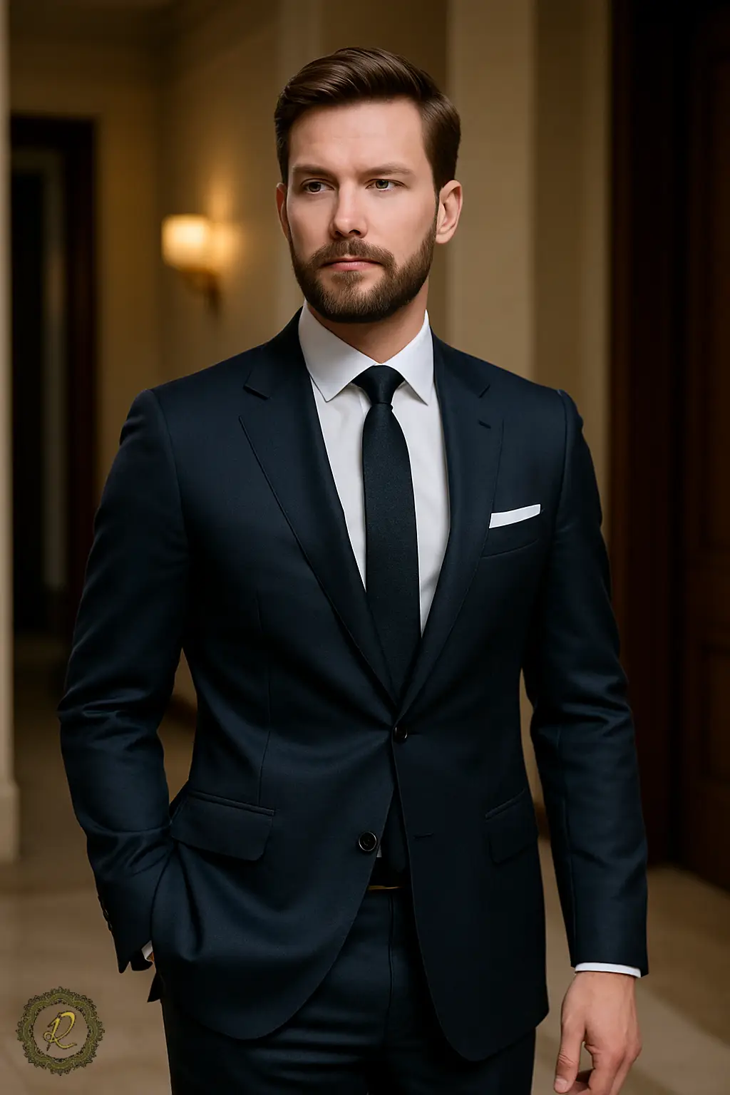 مرد با کت‌وشلوار شخصی‌دوزی و استایل رسمی – اعتمادبه‌نفس بالا در موقعیت رسمی