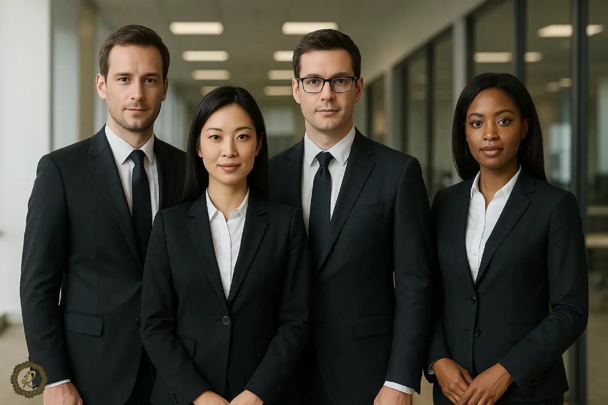 گروهی از کارمندان با کت‌وشلوار کار رسمی در محیط اداری