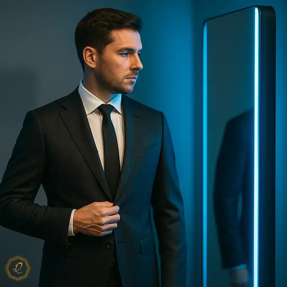  مردی با کت‌وشلوار هوشمند در کنار آینه با نور آبی مدرن
