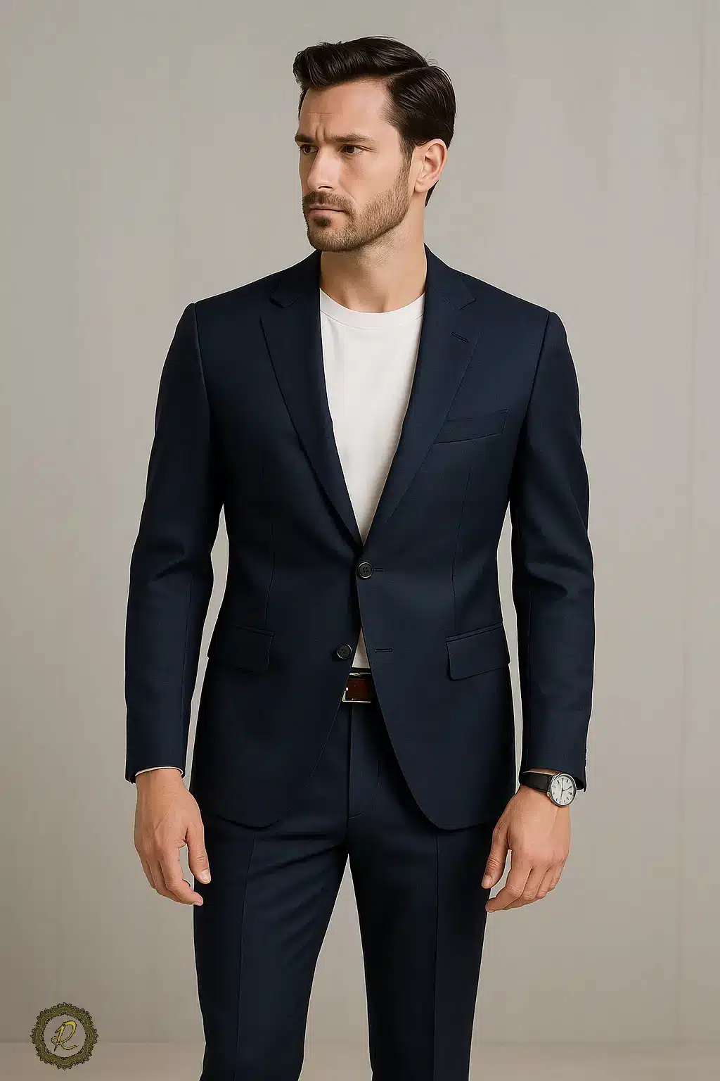 مرد با کت‌وشلوار شخصی‌دوزی مینیمال – هماهنگی کامل لباس و اکسسوری