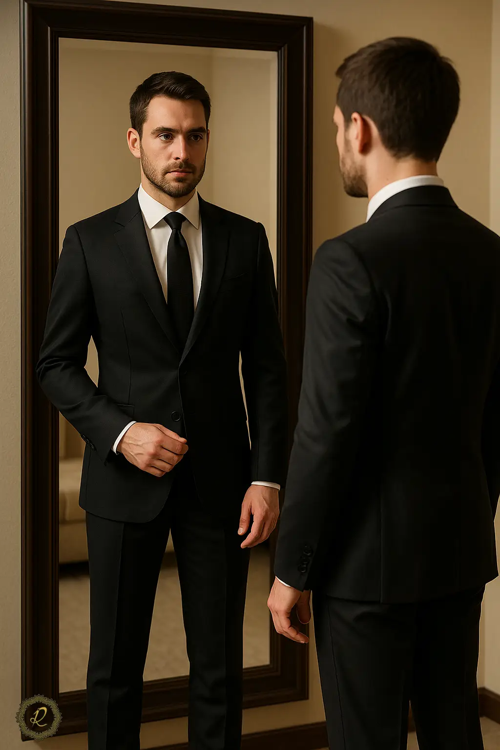 شخصی دوزی و دوخت کت شلوار 109 مردی با کتوشلوار مشکی خوشفیت در حال ایستادن مقابل آینه، نماد فیت بدن در کتوشلوار