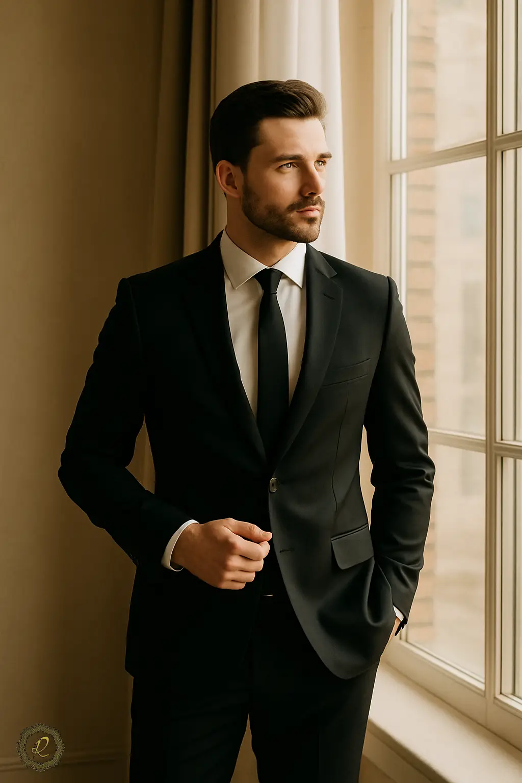 مرد خوش‌پوش با کت‌وشلوار رسمی مشکی در کنار پنجره و نور طبیعی – استایل فصلی کت‌وشلوار