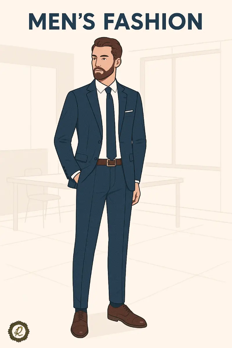 مردی با کتوشلوار سرمهای کلاسیک ایستاده در محیط رسمی، استایل مدرن و شیک