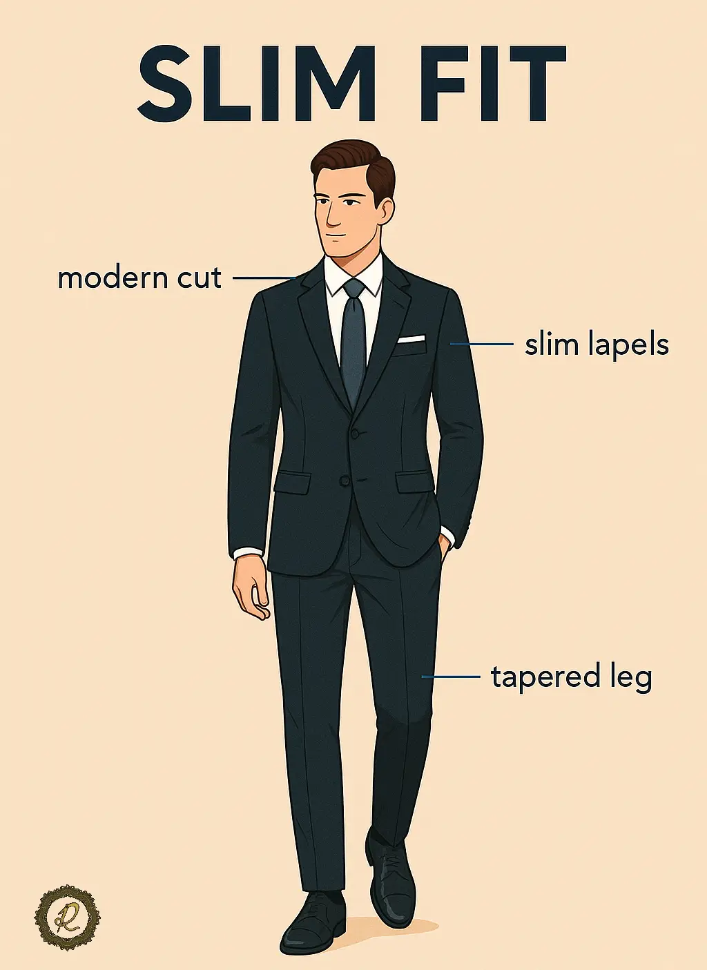 کت‌شلوار مشکی اسلیم‌فیت با برش مدرن و فیت جذب مناسب افراد لاغر تا متوسط