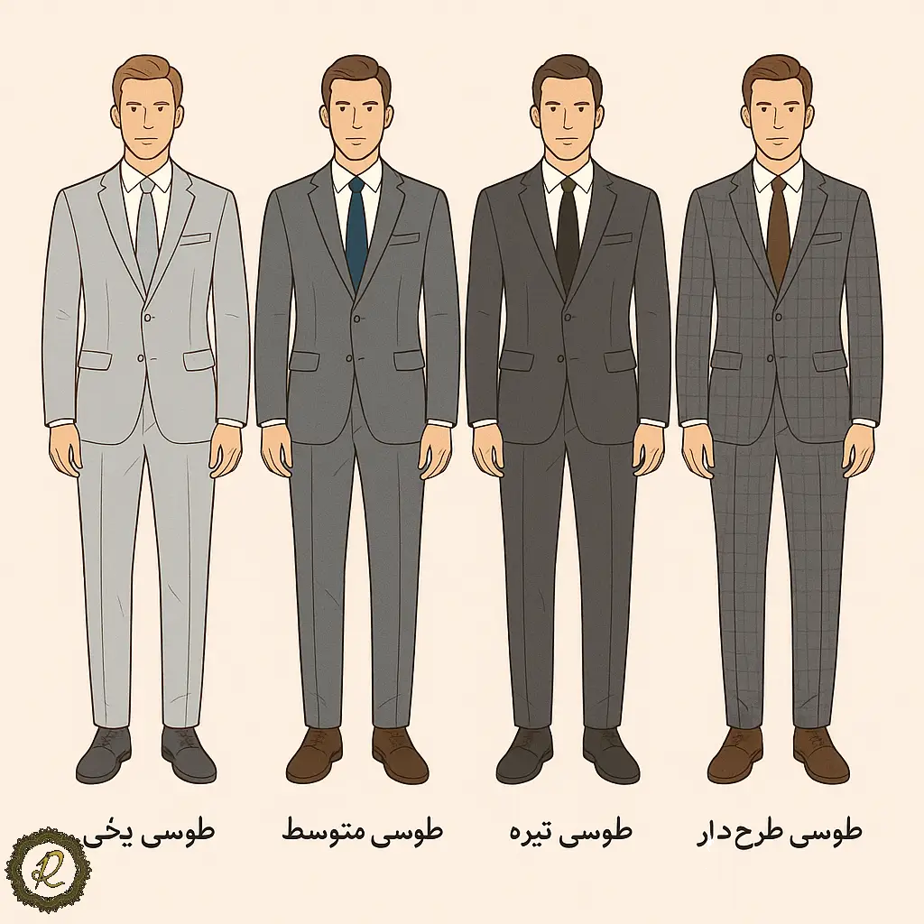جدیدترین مدلهای کت شلوار طوسی ۲۰۲۶ 1 چهار مدل کتشلوار طوسی مردانه شامل طوسی یخی، طوسی متوسط، طوسی تیره و طوسی طرحدار