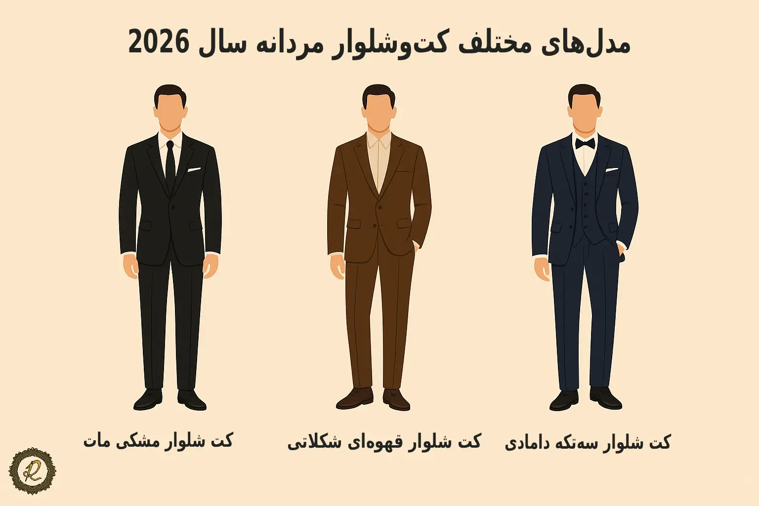 جدیدترین مدلهای کتوشلوار مجلسی ۲۰۲۶ 1 مدلهای مختلف کتوشلوار مردانه شامل مشکی مات، قهوهای شکلاتی و سهتکه دامادی