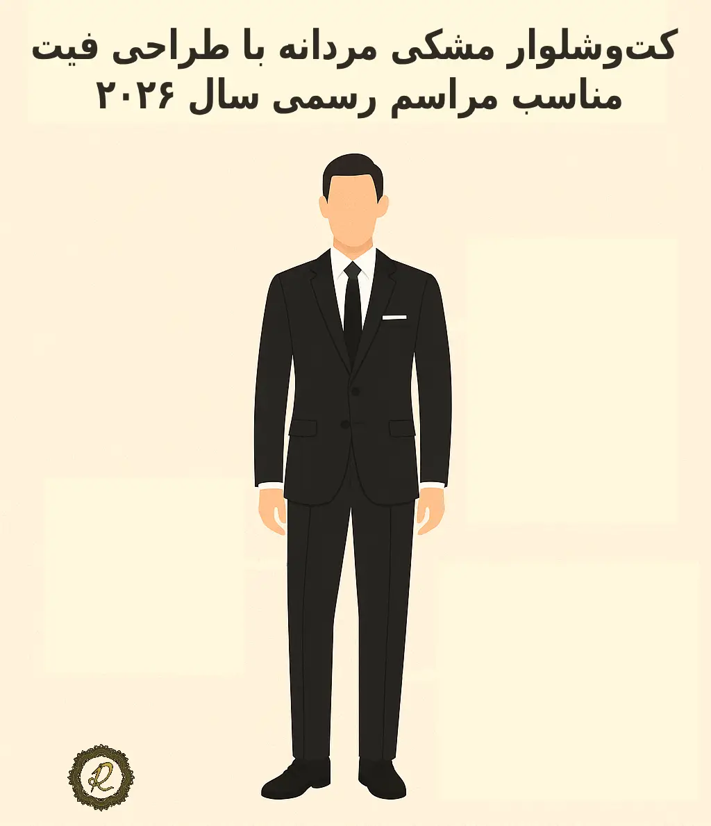 جدیدترین مدل های کت شلوار رسمی ۲۰۲۶ 1 کتوشلوار مشکی مردانه با طراحی فیت، مناسب مراسم رسمی سال ۲۰۲۶