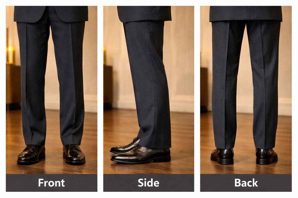 قد استاندارد شلوار مردانه چقدر است؟ (راهنمای دقیق و تصویری) 1 سه زاویه از قرارگیری درست قد شلوار مردانه روی کفش: جلو با شکست ملایم، کنار بدون چین، پشت تا نیمه پاشنه