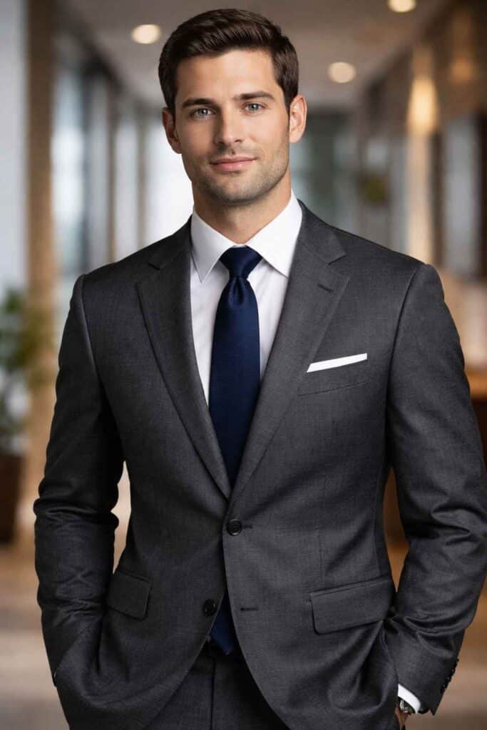 معرفی انواع یقه در کت شلوار مردانه 1 کت شلوار مردانه با یقه هفت ساده مناسب استفاده روزمره و محل کار