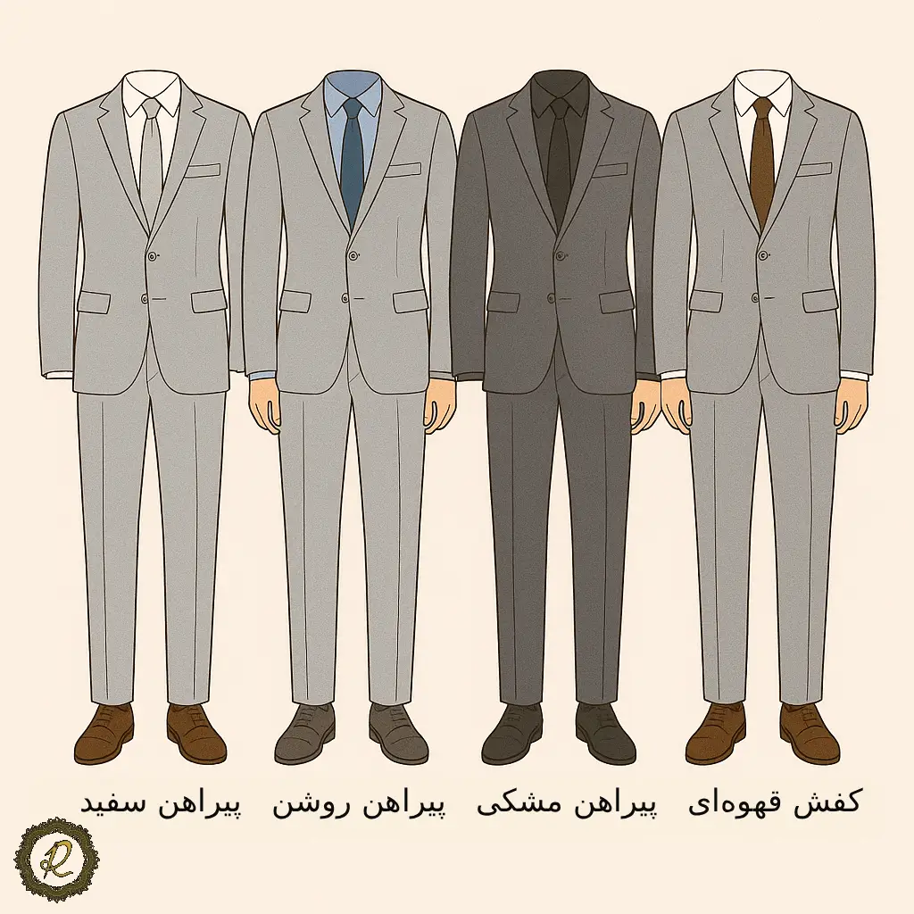 جدیدترین مدلهای کت شلوار طوسی ۲۰۲۶ 2 ست کتشلوار طوسی با پیراهن سفید، آبی روشن، مشکی و کفشهای مناسب