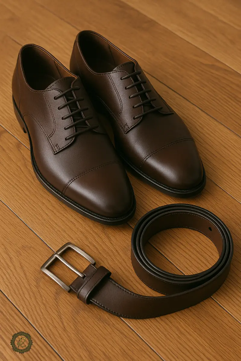 جدیدترین مدلهای کتشلوار سرمهای ۲۰۲۶ 2 کفش قهوهای تیره و کمربند همرنگ روی کفپوش چوبی قرار گرفته، ست کامل با کتوشلوار سرمهای