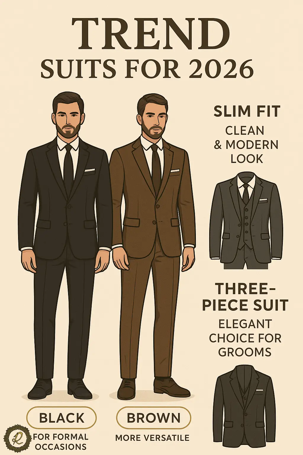 جدیدترین مدلهای کتوشلوار مجلسی ۲۰۲۶ 2 کتوشلوارهای مردانه در رنگهای مشکی، قهوهای و سرمهای مناسب انواع رنگ پوست