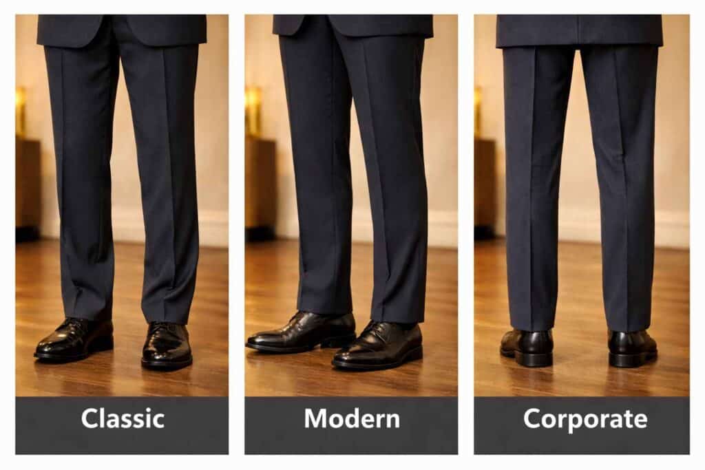 قد استاندارد شلوار مردانه چقدر است؟ (راهنمای دقیق و تصویری) 2 سه سبک قد شلوار مردانه: کلاسیک با شکست ملایم، مدرن کمی کوتاهتر، سازمانی بدون جمع شدن روی کفش