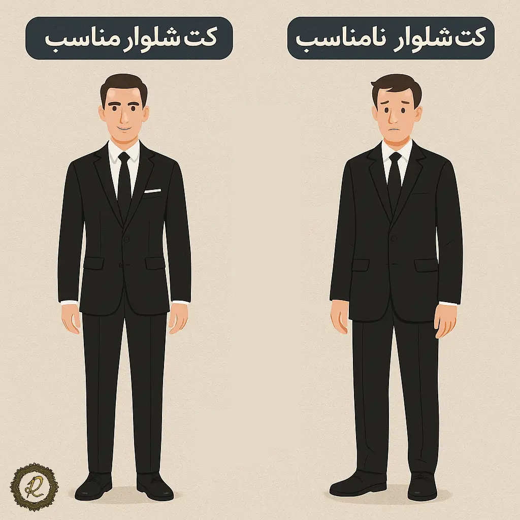 نمایش تفاوت کت‌شلوار مناسب و نامناسب شامل شانه غلط، کت بلند، شلوار گشاد و یقه نامناسب