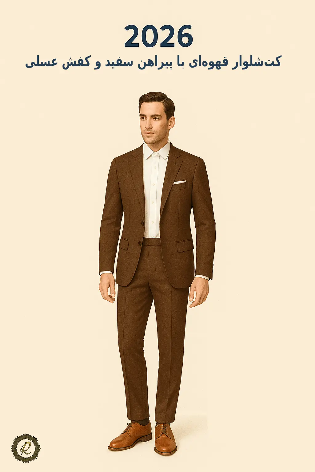 استایل کت‌شلوار قهوه‌ای با پیراهن سفید و کفش عسلی مخصوص سال ۲۰۲۶