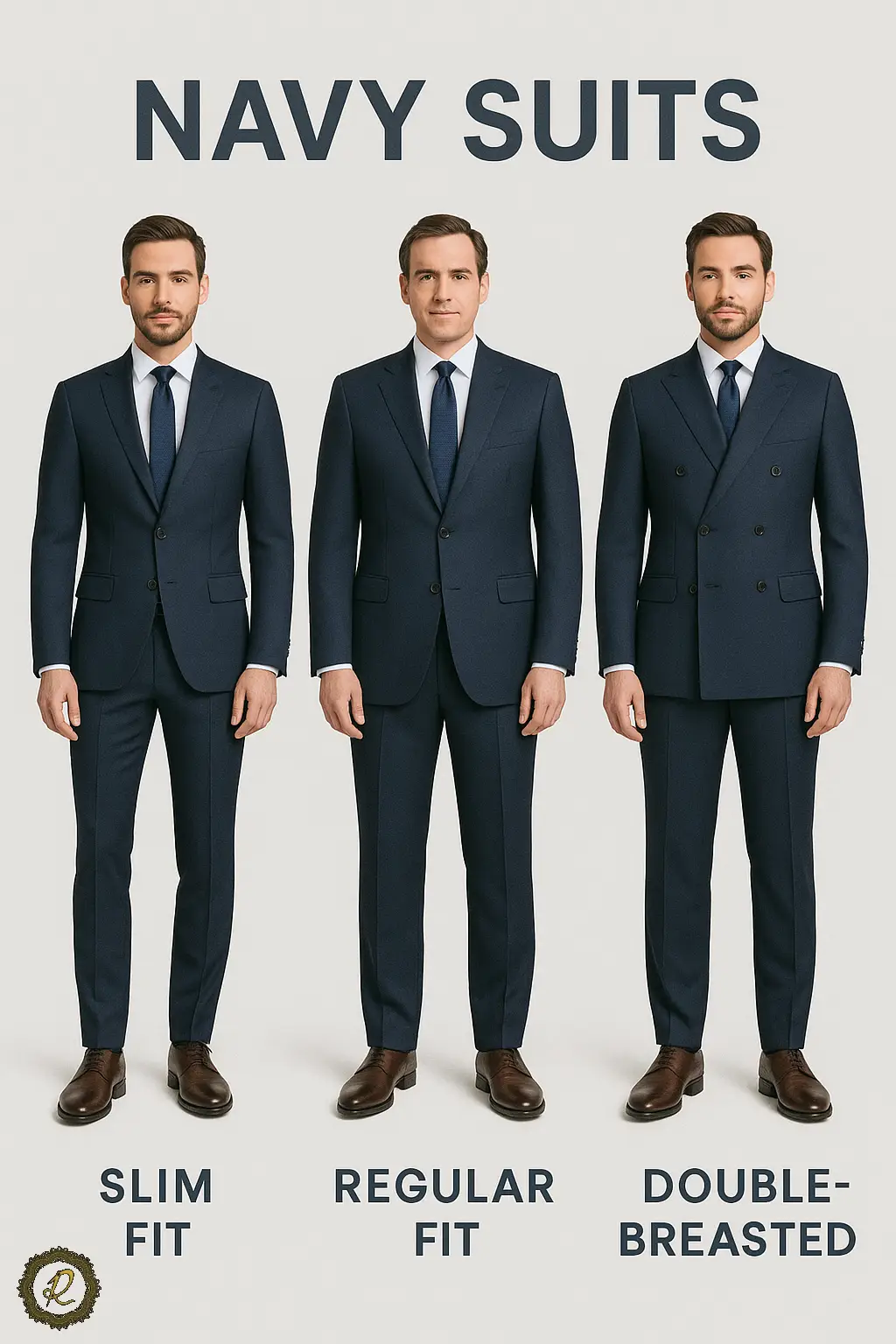 جدیدترین مدلهای کتشلوار سرمهای ۲۰۲۶ 3 سه مرد با مدلهای مختلف کتوشلوار سرمهای ایستادهاند، Slim Fit، Regular Fit و Double Breasted