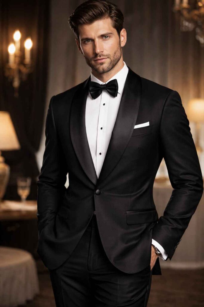 معرفی انواع یقه در کت شلوار مردانه 3 تاکسیدو یا کت شبانه مردانه با یقه شال، خاص و لاکچری