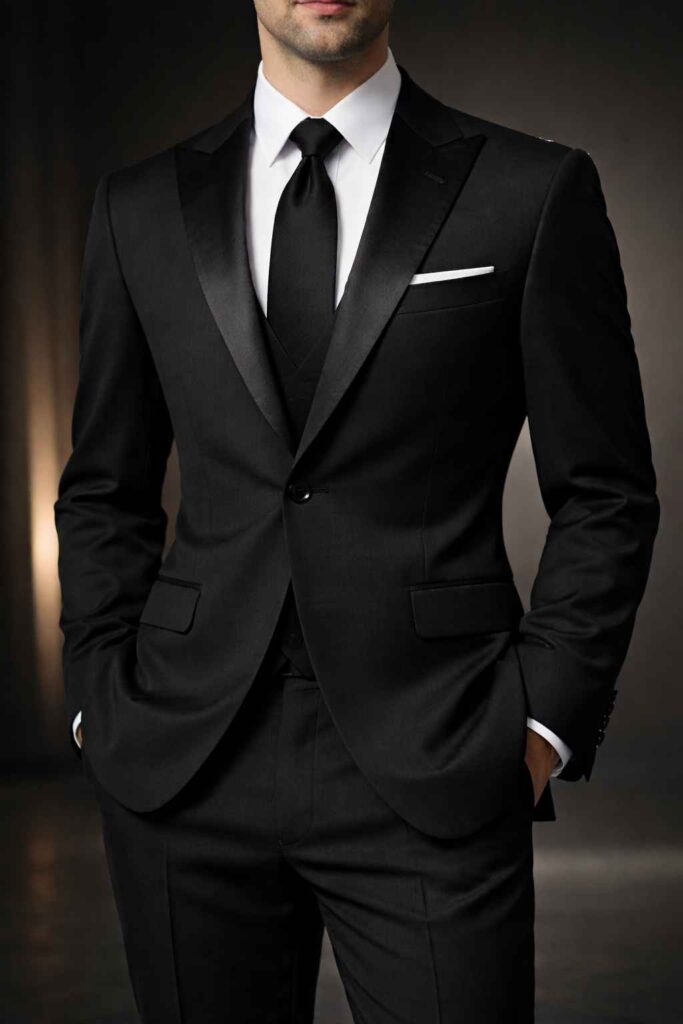 دکمههای کتوشلوار، کدام دکمه را ببندیم و کدام را نه؟ 1 کتوشلوار مشکی تکدکمه با یقه پیک، مناسبترین انتخاب برای استایل رسمی و مجالس شب