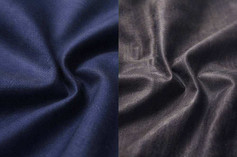 چطور یک کتوشلوار باکیفیت را از بیکیفیت تشخیص دهیم؟ 1 نمای نزدیک از پارچه کتوشلوار باکیفیت در کنار پارچه بیکیفیت با بافت نامناسب و برق مصنوعی