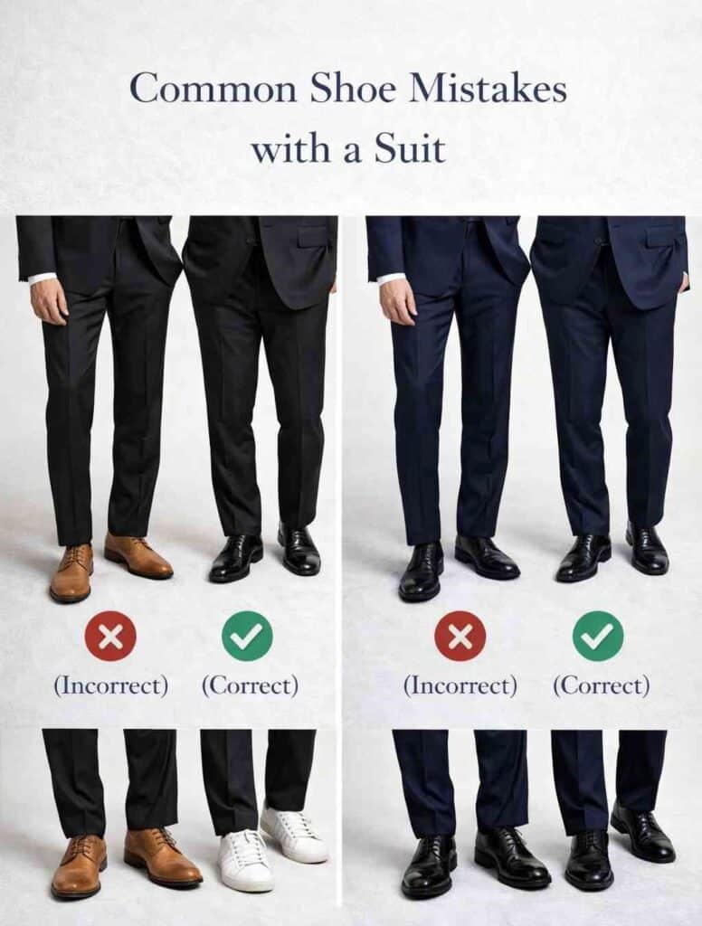 اشتباهات رایج در ست کردن کفش با کتوشلوار 2 نمایش مقایسه بین کفش اشتباه و کفش درست: کفش قهوهای روشن با کت مشکی در مقابل کفش مشکی کلاسیک، کفش اسپرت با کت رسمی در مقابل کفش آکسفورد یا دربی