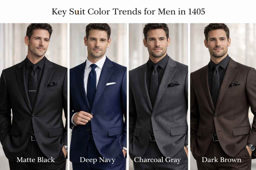 رنگهای ترند کتوشلوار مردانه در سال ۱۴۰۵ 1 نمای مقایسهای رنگهای ترند کتوشلوار مردانه در سال ۱۴۰۵ با تمرکز بر رنگهای عمیق و مات