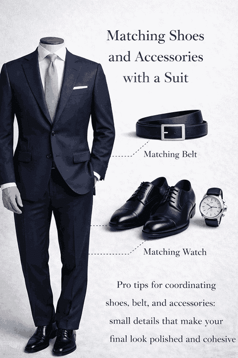 اشتباهات رایج در ست کردن کفش با کتوشلوار 1 ست کامل کتوشلوار سرمهای با کفش چرمی مشکی، کمربند همرنگ، کراوات و ساعت؛ نمایش جزئیات هماهنگی اکسسوریها با کفش و کتوشلوار