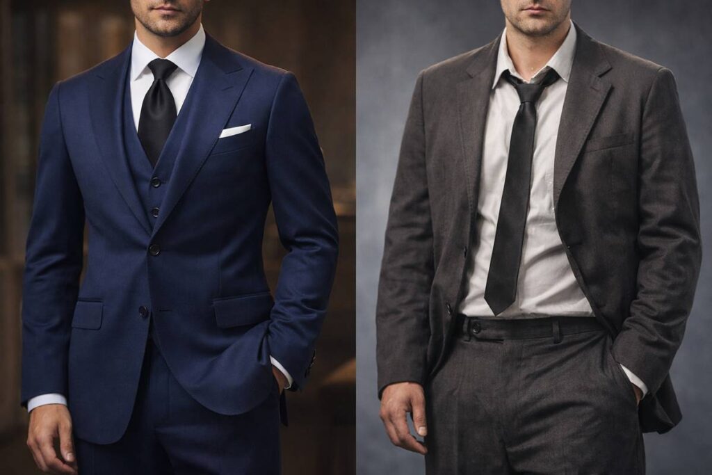 چطور یک کتوشلوار باکیفیت را از بیکیفیت تشخیص دهیم؟ 3 مقایسه ایست کتوشلوار روی بدن؛ یک کتوشلوار خوشفیت با شانه و کمر درست در کنار کتوشلوار بدفیت و شُل