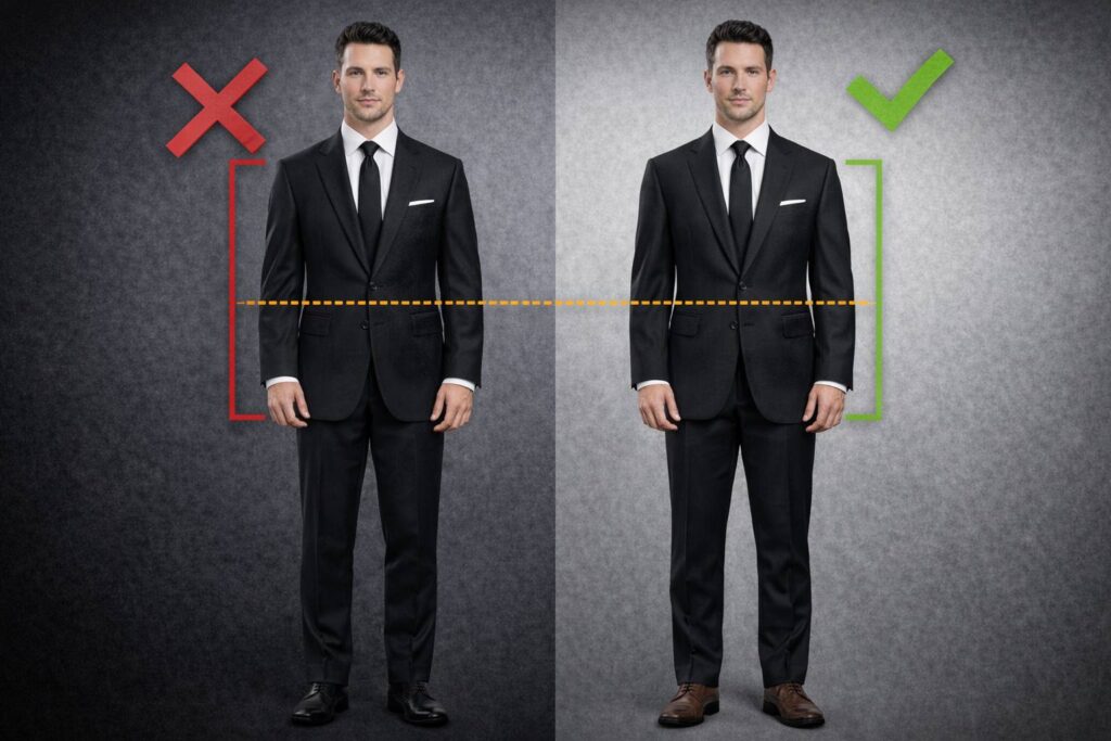 تفاوت الگوی صنعتی و الگوی اختصاصی در دوخت کت شلوار چیست؟ 3 نسبت استاندارد قد کت به قد بدن در دوخت کت شلوار مردانه