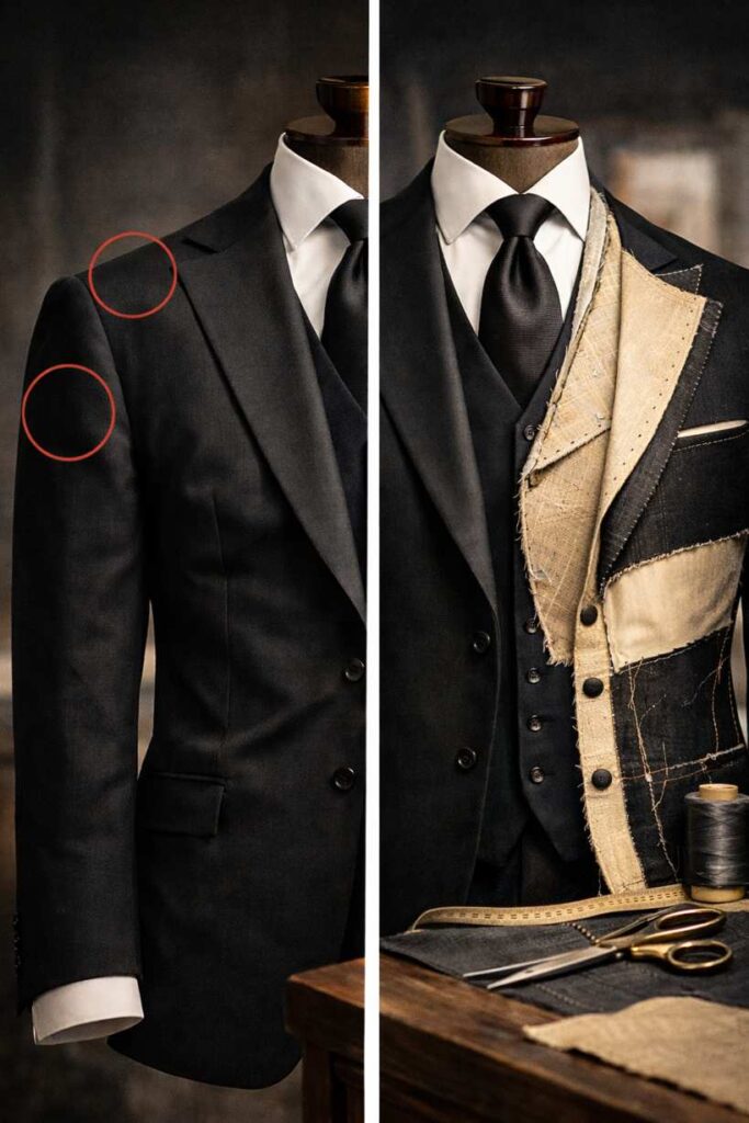 آناتومی یک کت شلوار لوکس از داخل چگونه است؟ 2 نمای آموزشی ساختار داخلی کتوشلوار مشکی رسمی و تأثیر آن بر ایستایی