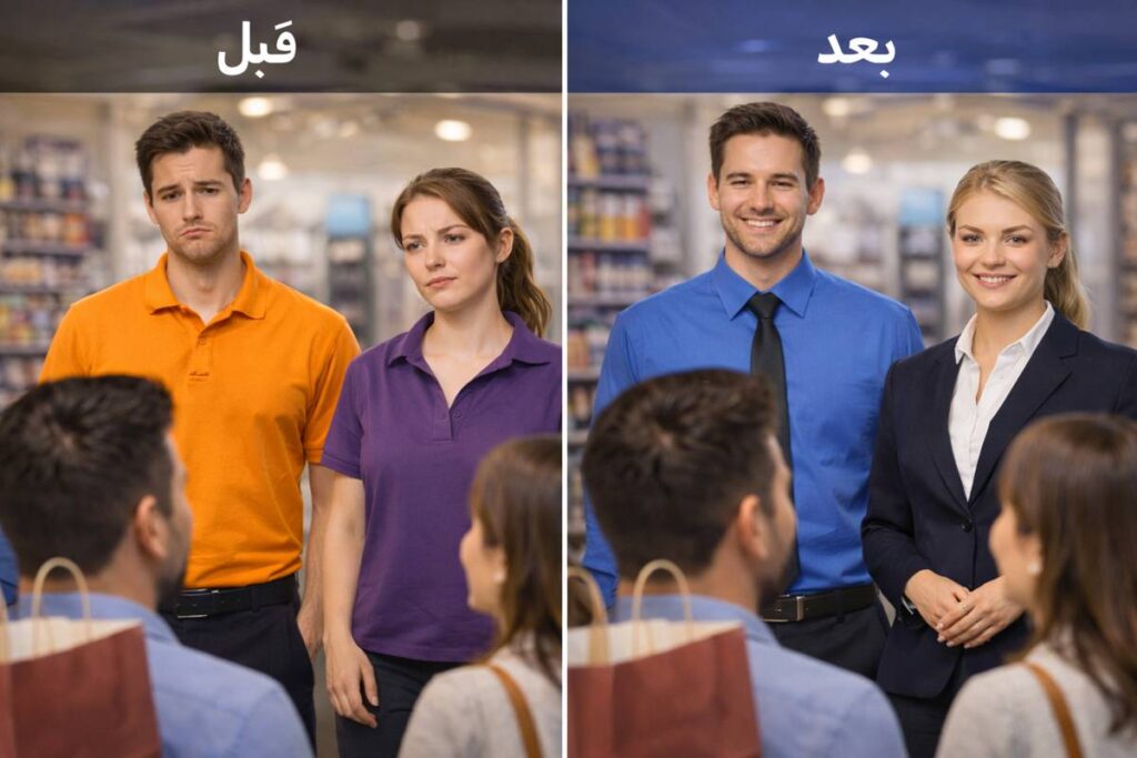 آیا رنگ یونیفرم سازمانی روی فروش تاثیر دارد؟ 1 مقایسه یونیفرم نامناسب و حرفهای و تاثیر آن بر جذب مشتری