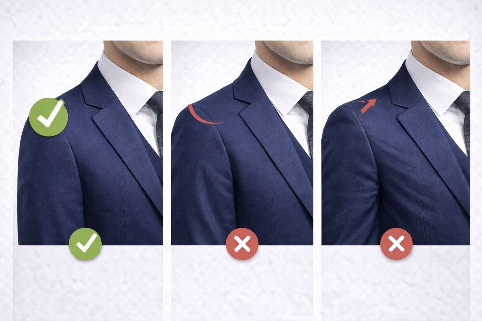 چرا شانه کت شلوار مهمترین بخش در تناسب استایل است؟ 2 مقایسه تصویری شانه کت اندازه با شانه بزرگ و شانه کوچک همراه با نشانههای افتادگی و کشش