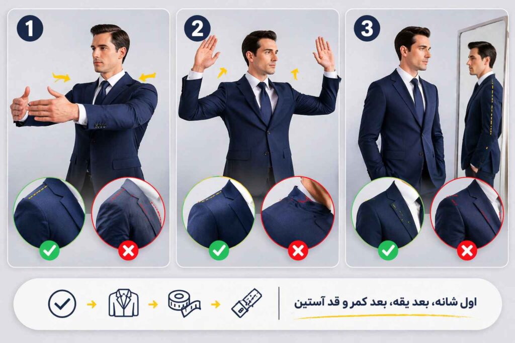 چرا شانه کت شلوار مهمترین بخش در تناسب استایل است؟ 3 آموزش تصویری سه حرکت سریع برای تست شانه کت در پرو: دستها جلو، بالا بردن دست، ایستادن ریلکس