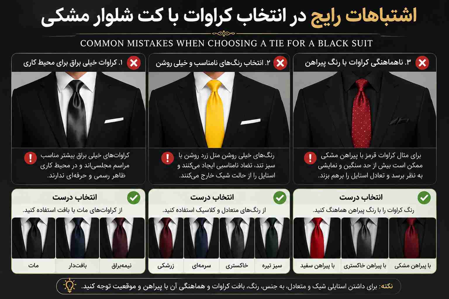 کراوات برای کت شلوار مشکی 3 اشتباهات رایج در انتخاب کراوات برای کت شلوار مشکی مانند کراوات خیلی براق، رنگهای نامناسب و ناهماهنگی با پیراهن