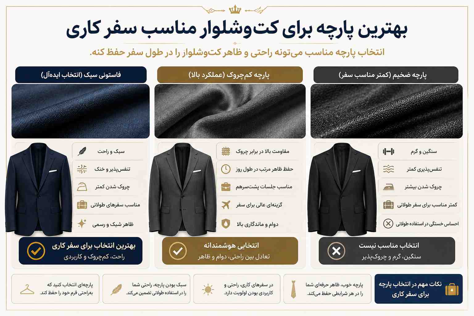 مقایسه پارچه‌های مناسب کت‌وشلوار برای سفر کاری و جلسات رسمی