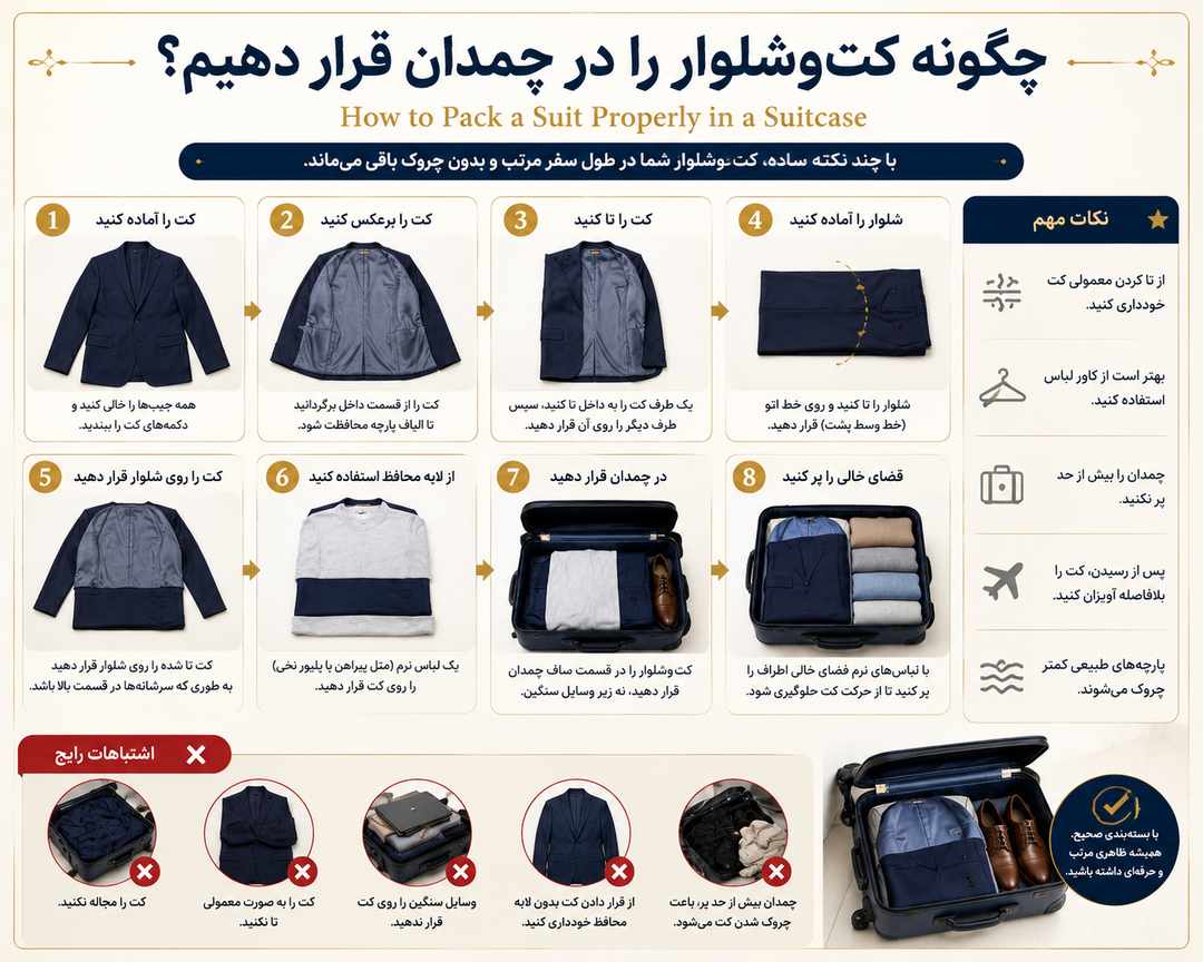 روش صحیح قرار دادن کت‌وشلوار در چمدان برای جلوگیری از چروک شدن