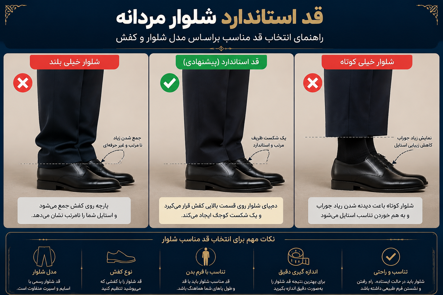 اینفوگرافیک آموزشی قد استاندارد شلوار مردانه و نحوه قرارگیری دمپا روی کفش