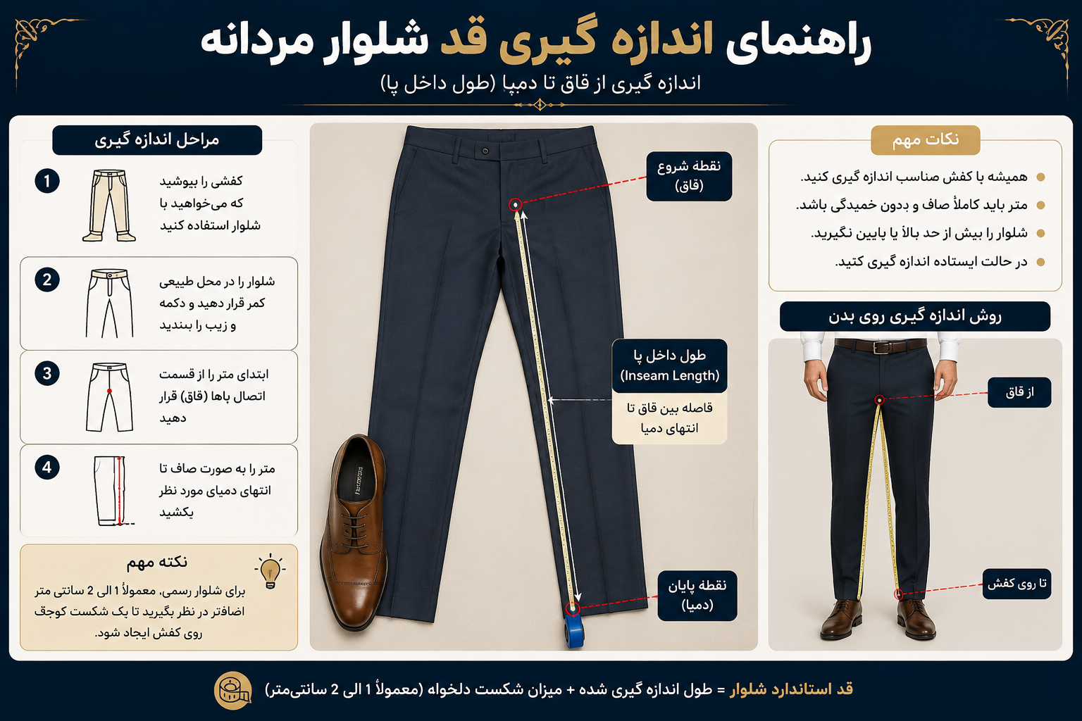 قد استاندارد شلوار مردانه چقدر است؟ 1 اینفوگرافیک آموزش اندازه گیری قد شلوار مردانه از قسمت فاق تا پایین دمپا