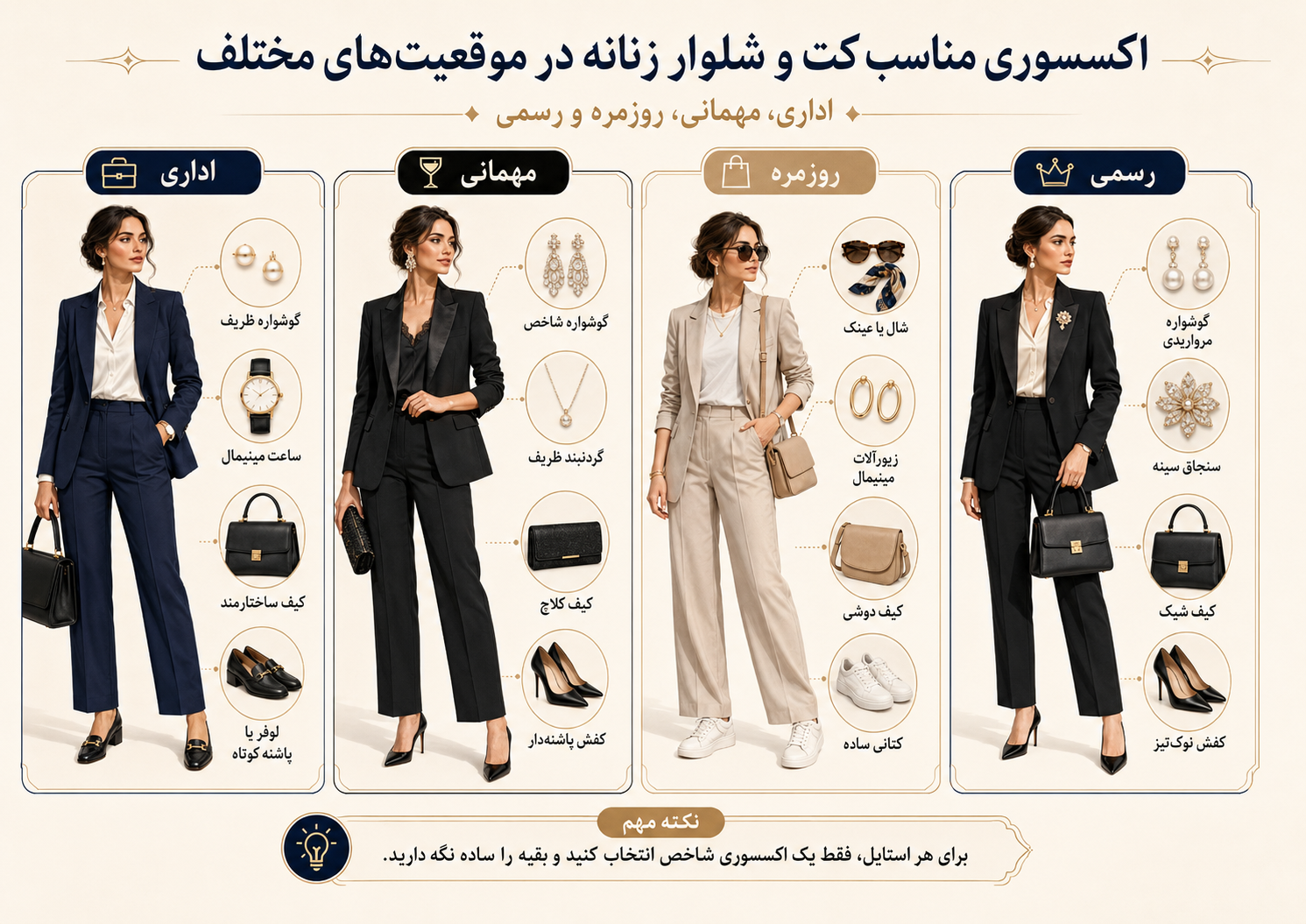 راهنمای ست کردن کت و شلوار زنانه با اکسسوری 1 اینفوگرافیک اکسسوری مناسب کت و شلوار زنانه در موقعیتهای اداری، مهمانی، روزمره و رسمی.