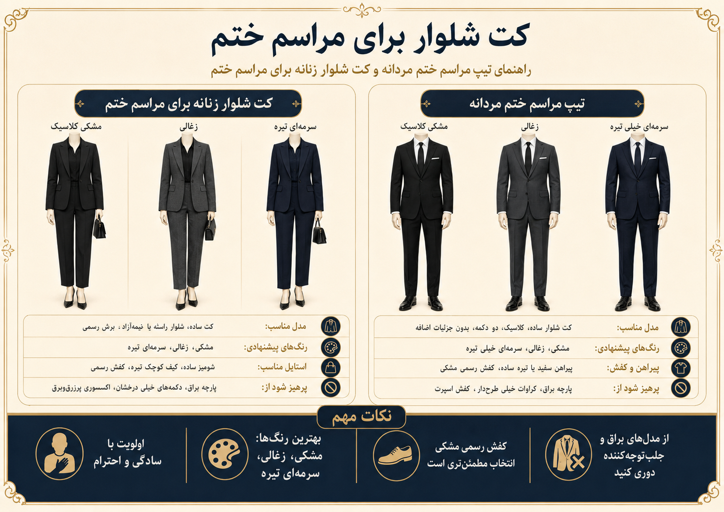 ۱۰ مدل کت شلواری که میشود در هر مراسمی پوشید 3 اینفوگرافیک کت شلوار برای مراسم ختم و تیپ مراسم ختم مردانه و کت شلوار زنانه برای مراسم ختم